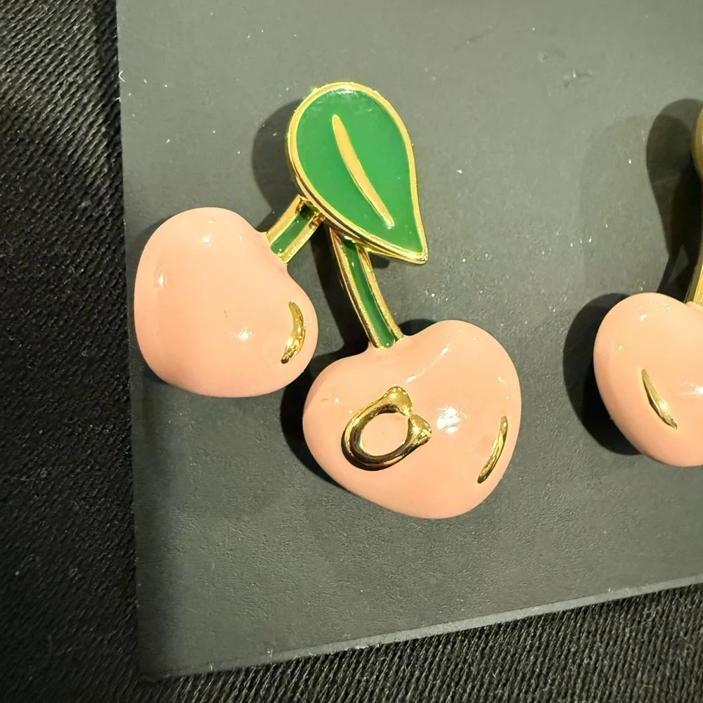 COACH Pink Cherry Enamel Earrings with Green Leaves - Picture 3 of 6